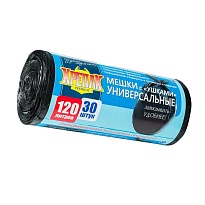 Мешки для мусора 120 л, с ушками, черные, в рулоне 30 шт., ПНД, 15 мкм, 1100х700 мм, Крепак, 4607075710375 в Октябрьском